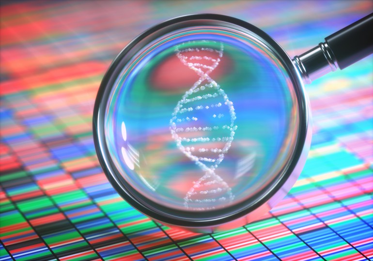 3D illustrasjon. DNA Sanger-sekvensering og et forstørrelsesglass som viser DNA-heliksen.